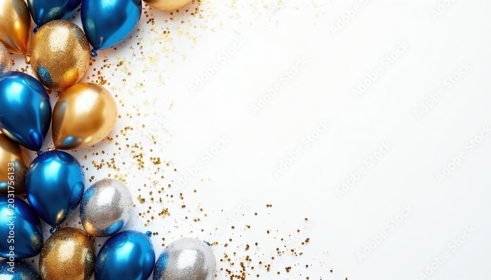 Fototapeta premium Blue gold and silver balloons with scattered glitter create festive border. White background for holiday event. Joyful and glamorous celebration.