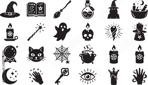 Bild auf Leinwand Witchcraft and Magic Halloween Silhouette Icon Set