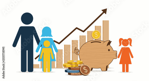 Family finance growth with piggy bank, coins, and bar chart