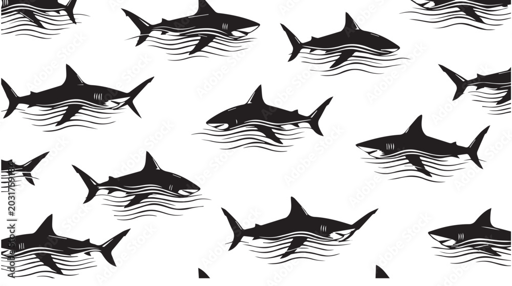 Fototapeta premium School of Sharks Swimming in Wavy Ocean Lines Artwork