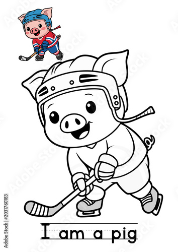 Photography Hockey Pig, Cartoon Piglet, Ice Hockey Player, Black and White