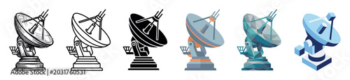 Satellite dish antenna communication technology icons in various styles including sketch, outline, glyph, flat, low poly, and isometric vector illustration