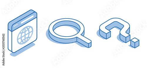 Isometric vector set of linear icons of a magnifying glass next to an internet browser window and a question mark on a white background, searching for information on the internet
