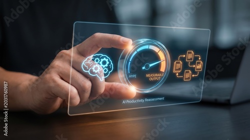 AI Productivity Reassessment - A hand adjusts a productivity gauge between AI and workflows, illustrating the contrast between artificial intelligence hype and real output in a clean interface.
