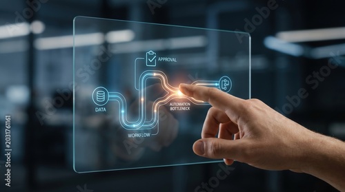 AI Productivity Reassessment - A hand interacts with a digital interface, highlighting an AI process encountering a bottleneck, symbolizing automation challenges in a modern, minimal UI.