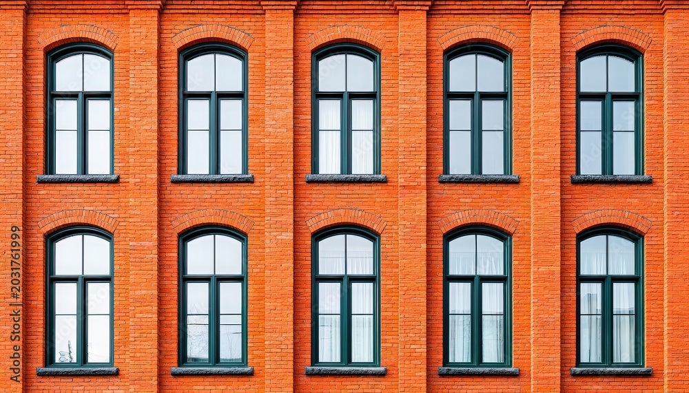 Obraz premium Classic Red Brick Wall with Arched Windows Reflecting Modern Architecture Style in Urban Setting