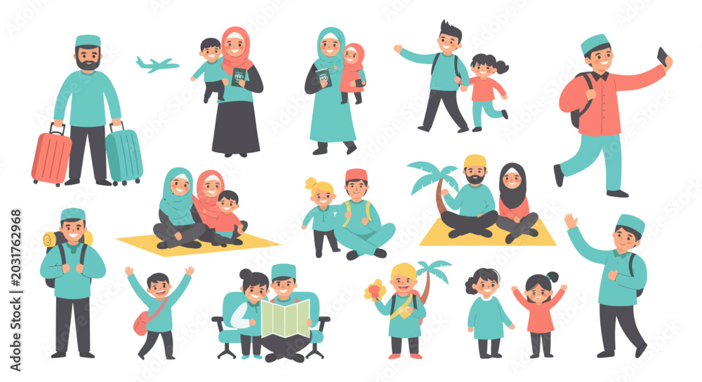 Fototapeta premium Flat Illustration Vector Set of Happy Muslim Families Traveling and Enjoying Leisure Activities