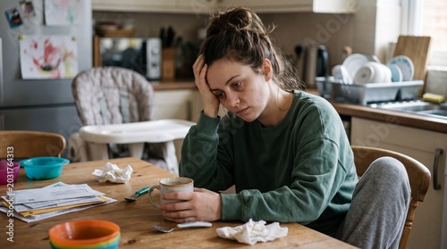Tired woman sitting at kitchen table with messy dishes, paperwork, and cup of coffee, showing stress and exhaustion in home environment