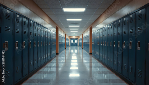 A long, empty school hallway lined with rows of blue student lockers on both sides, with a shiny floor and fluorescent lighting.