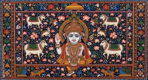 Vibrant Indian Folk Art Depicting Lord Krishna with Animals and Floral Motifs.