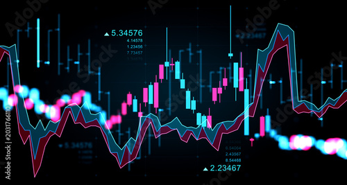 Tableau sur toile Dynamic financial market chart with glowing neon forex candlesticks and fluctuating lines illustrating investment rise and stock exchange concept