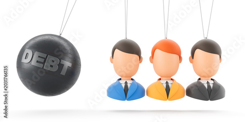 Tableau sur toile Debt sphere confronting suspended business avatars as symbolic financial pressure on individuals depicted in minimalist creative concept scene