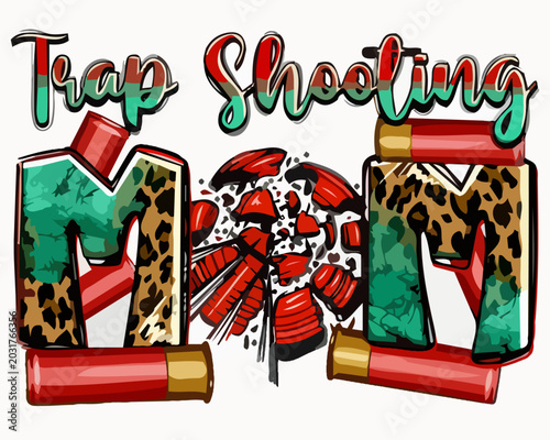 Tableau sur toile Confident mom aiming shotgun during trap shooting with flying clay targets in ou