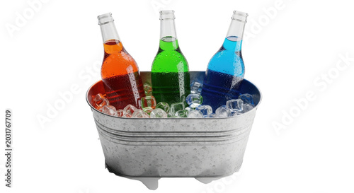 Ice-filled cooler with neon-colored bottles of drinks