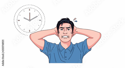 Man in blue shirt with hands on head looking stressed near a clock