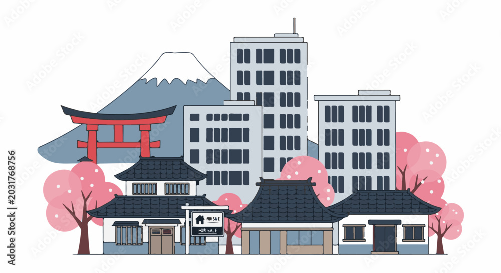 Fototapeta premium Japanese cityscape with traditional and modern architecture, Mt. Fuji
