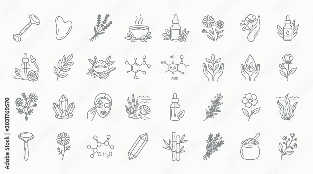 Fototapeta premium Collection of line art icons representing natural beauty, wellness, and organic skincare ingredients.