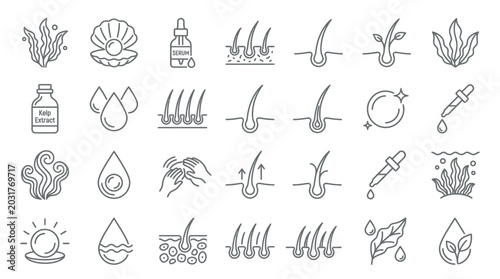 Set of line icons for hair care, beauty, and organic ingredients, representing healthy hair growth and natural products.