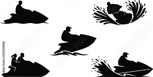 Tableau sur toile Silhouettes of people jet skiing on water at sunset in line art style