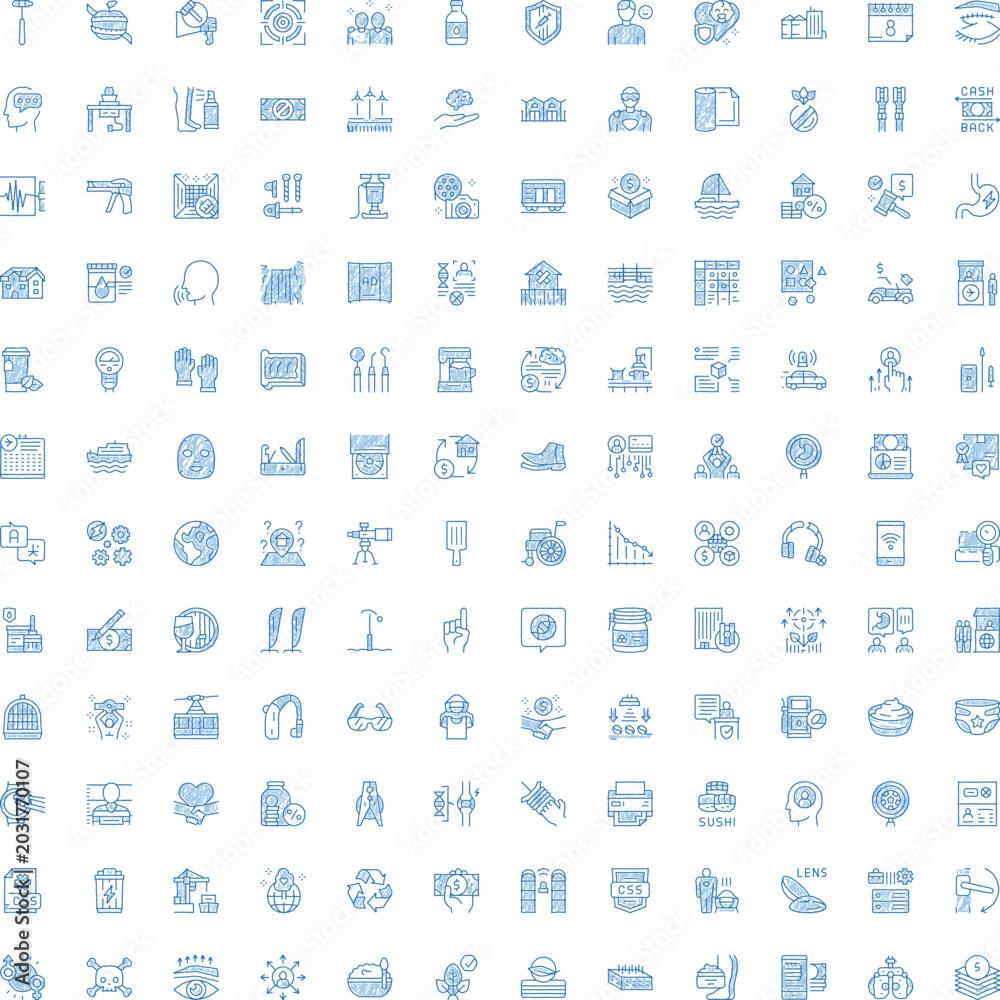 Naklejka premium Large collection of hand drawn style blue line icons with various concepts including business, technology, communication, global, industry, health, and medical