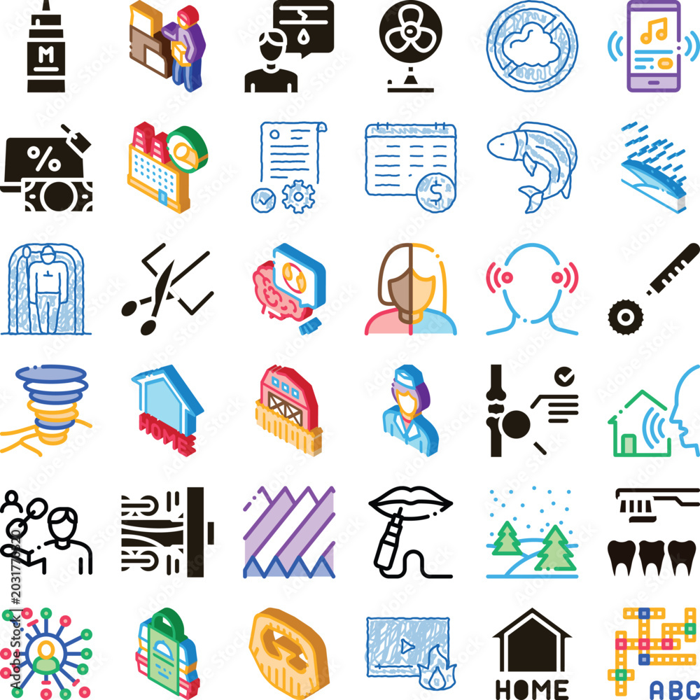 Fototapeta premium Collection of numerous isometric style icons and symbols depicting various concepts including business, health, nature, technology, and home, forming a comprehensive set