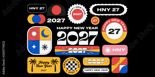 Diverse happy new year 2027 design elements collection on black background. creative badges and stickers with colorful styles, abstract shapes, and festive icons for celebrations
