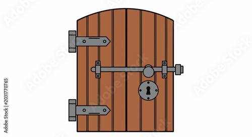Old wooden gate with metal hinges and a keyhole lock