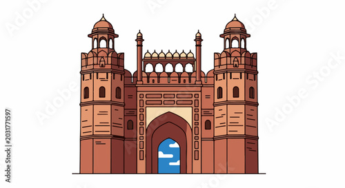 Ornate red sandstone gatehouse with arched entrance and domed towers