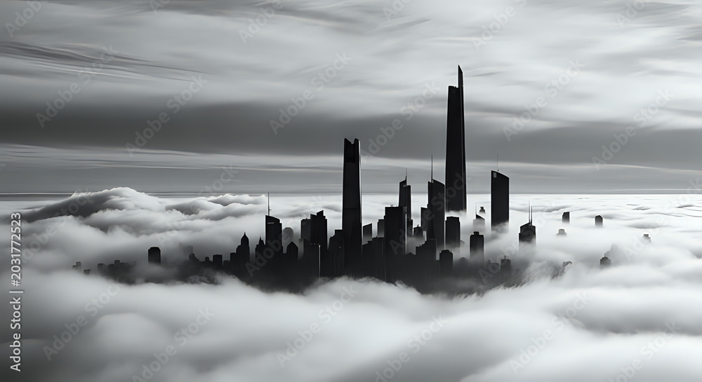 Fototapeta premium Futuristic city skyline silhouetted above clouds monochrome black and white futuristic architecture