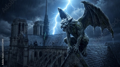 Stone gargoyle perched on gothic cathedral roof during storm