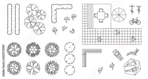 Photos Landscape architecture plan symbols, top view garden design elements vector set,