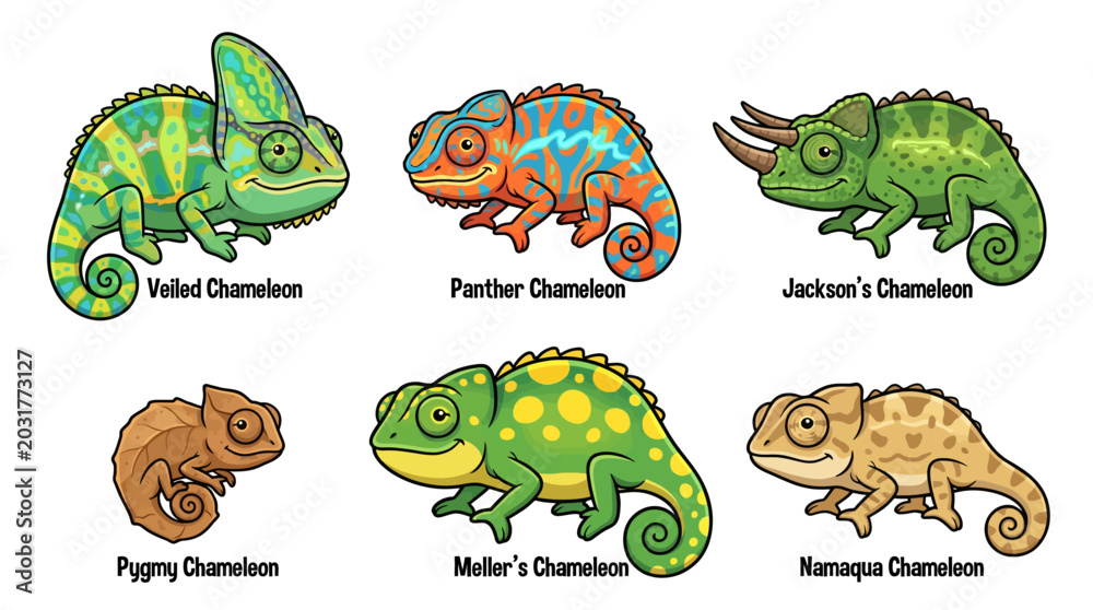 Obraz premium Vibrant illustrations of six different chameleon species displayed together on white background