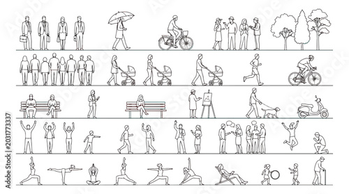 Quadro su tela Minimalist architectural people silhouettes, thin line vector set of urban figur