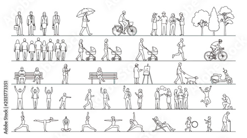 Foto Minimalist architectural scale figures vector set, black outline people silhouet