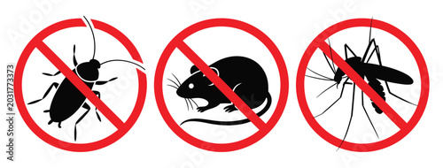 Foto Black Silhouette Insect Pest Icons with Stop Insects Sign Vector Illustration fo
