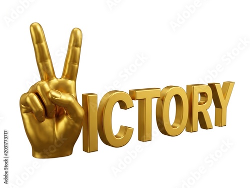 3D golden victory text with peace hand gesture sign balloon typography