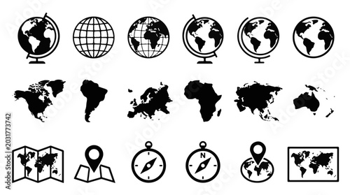 Photography Globe Earth Maps and Compasses Collection Icons Vector Illustration