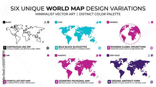 Konstfotografi Six Unique World Map Design Variations Minimalist Vector Art Distinct Color Pale