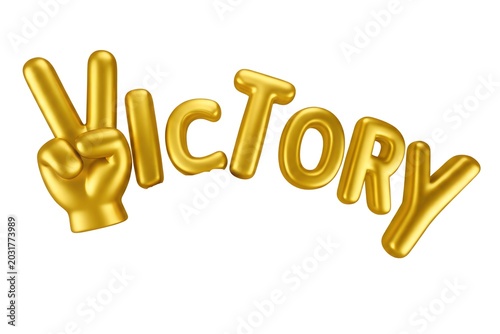 3D Golden Victory Typography with Hand Peace Sign Gesture