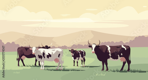 Fotografie Herd of cows grazing in a pastoral landscape with rolling hills and soft sky