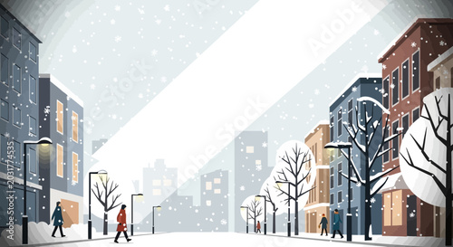 Tableau sur toile Winter City Street Scene with Snowfall and Pedestrians
