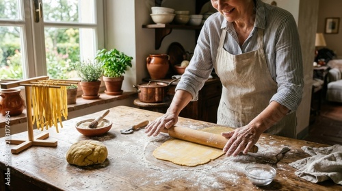 Cozy home cook rolling out fresh pasta dough on a floured wooden countertop in a warm sunlit country kitchen, celebrating slow food, tradition, and comforting handmade meals


