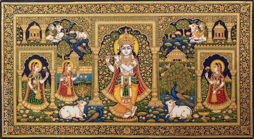 Vibrant Indian Miniature Painting Depicting Lord Krishna and Gopis.