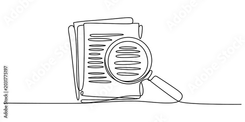 Tableau sur toile Minimalist line drawing of documents and magnifying glass, vector illustration