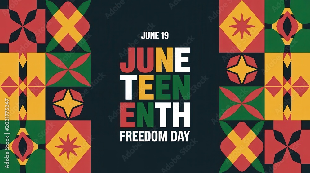 Fototapeta premium Juneteenth freedom day, june 19, celebration banner with african american heritage colors, geometric pattern background