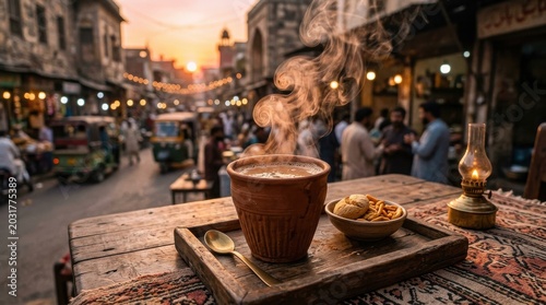 Steaming cup of traditional chai with biscuits on a rustic wooden table overlooking a lively South Asian street bazaar at sunset, blending cozy warmth with bustling city energy

