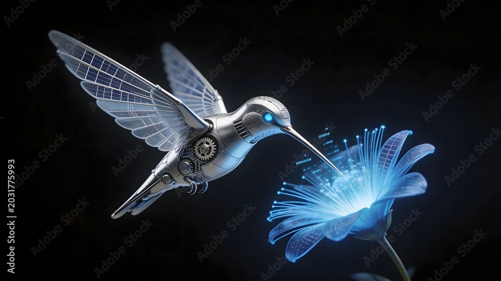Fototapeta premium Bionic mechanical hummingbird sipping nectar from glowing fiber optic flower