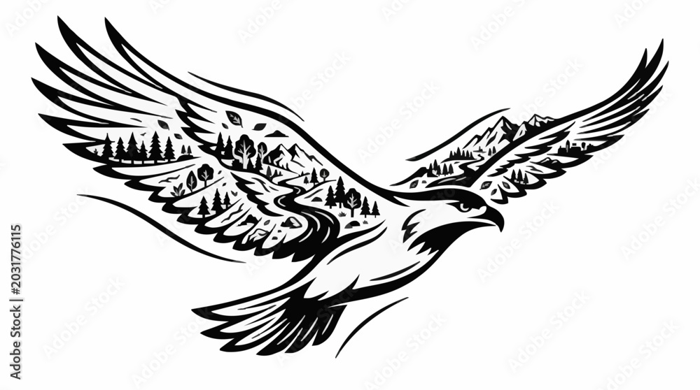 Fototapeta premium World environment day flying eagle with mountain forest wings