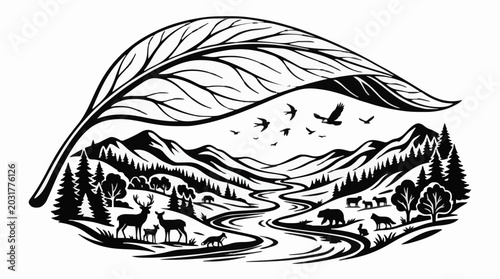 Photography World environment day leaf landscape with wild animals and mountains