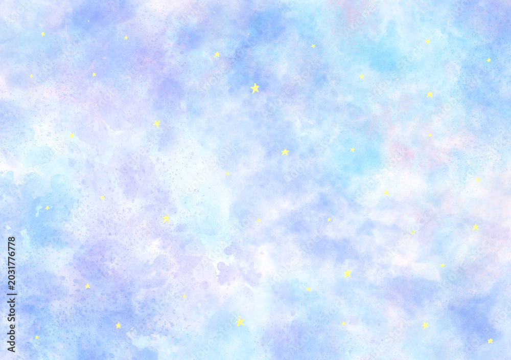 Obraz premium 水彩風淡いブルー背景テクスチャ・星ラメありのイラスト / Watercolor soft pastel blue background texture illustration with glitter stars illustration